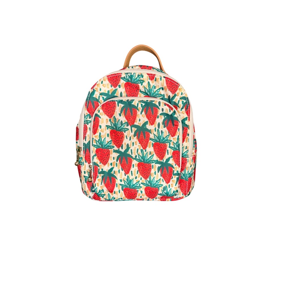Bouffants & Broken Hearts Strawberry Print Mini Backpack Cream Red Gold Zip Bag